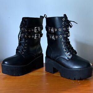 Black Platform Lace-Up Ankle Boots with Buckle Straps - Women